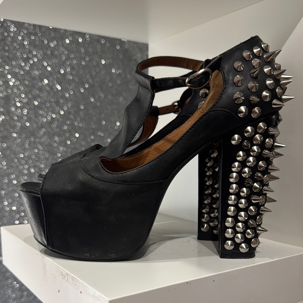 Jeffrey Campbell Black and Silver Platform Shoes with Spiked Detailing